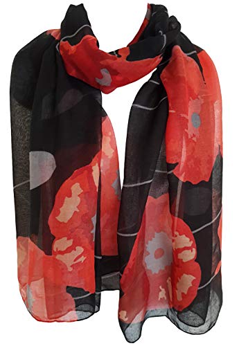 Grey Red Poppy Scarf Ladies Large Flowers Wrap Floral Print Poppies Shawl New 